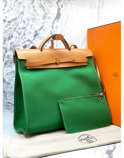 (UNUSED) 2016 HERMES HERBAG ZIP 39 TOP HANDLE AND SHOULDER BAG IN GREEN TOILE CANVAS AND NATURAL TAN VACHE HUNTER -FULL SET-