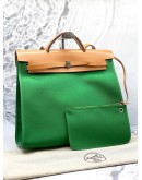 (UNUSED) 2016 HERMES HERBAG ZIP 39 TOP HANDLE AND SHOULDER BAG IN GREEN TOILE CANVAS AND NATURAL TAN VACHE HUNTER -FULL SET-
