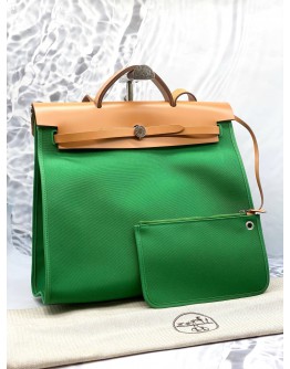 (UNUSED) 2016 HERMES HERBAG ZIP 39 TOP HANDLE AND SHOULDER BAG IN GREEN TOILE CANVAS AND NATURAL TAN VACHE HUNTER -FULL SET-
