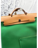 (UNUSED) 2016 HERMES HERBAG ZIP 39 TOP HANDLE AND SHOULDER BAG IN GREEN TOILE CANVAS AND NATURAL TAN VACHE HUNTER -FULL SET-