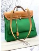 (UNUSED) 2016 HERMES HERBAG ZIP 39 TOP HANDLE AND SHOULDER BAG IN GREEN TOILE CANVAS AND NATURAL TAN VACHE HUNTER -FULL SET-