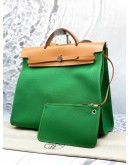 (UNUSED) 2016 HERMES HERBAG ZIP 39 TOP HANDLE AND SHOULDER BAG IN GREEN TOILE CANVAS AND NATURAL TAN VACHE HUNTER -FULL SET-