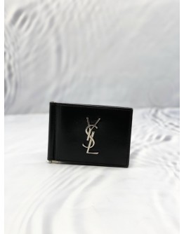 YSL SAINT LAURENT BLACK LEATHER MONEY CLIP BIFOLD WALLET