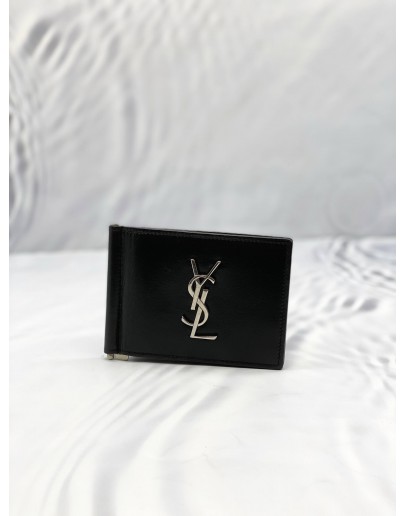 YSL SAINT LAURENT BLACK LEATHER MONEY CLIP BIFOLD WALLET