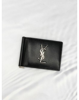 YSL SAINT LAURENT BLACK LEATHER MONEY CLIP BIFOLD WALLET