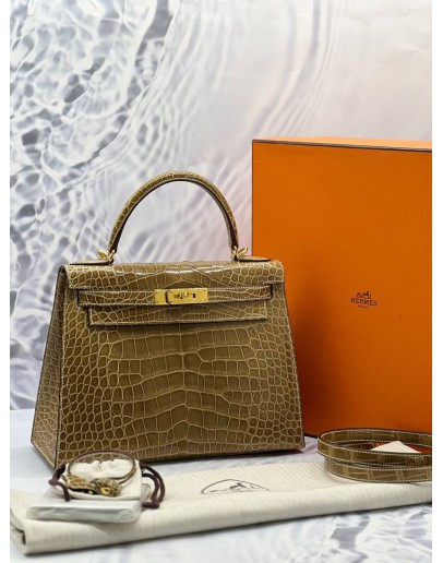 (UNUSED) YEAR 2020 HERMES KELLY 28 ALLIGATOR MISSISSIPPIENSIS FICELLE GOLD HARDWARE -FULL SET-