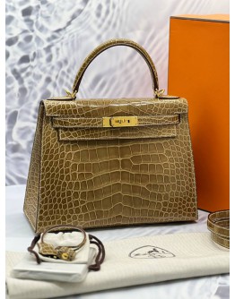 (UNUSED) YEAR 2020 HERMES KELLY 28 ALLIGATOR MISSISSIPPIENSIS FICELLE GOLD HARDWARE -FULL SET-