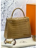 (UNUSED) YEAR 2020 HERMES KELLY 28 ALLIGATOR MISSISSIPPIENSIS FICELLE GOLD HARDWARE -FULL SET-