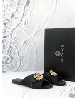VERSACE CROSS STRAP BEJEWELED FLATS SIZE 36 IN BLACK -FULL SET-