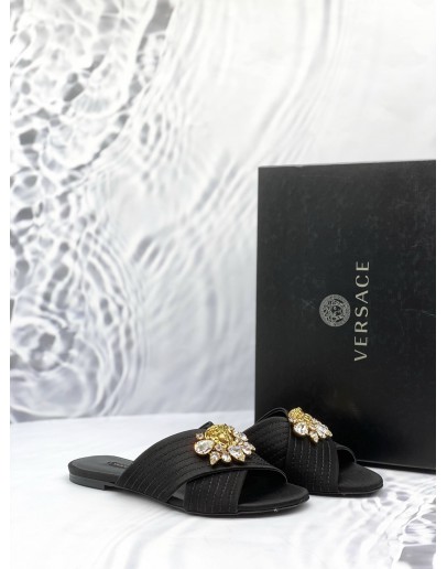 VERSACE CROSS STRAP BEJEWELED FLATS SIZE 36 IN BLACK -FULL SET-