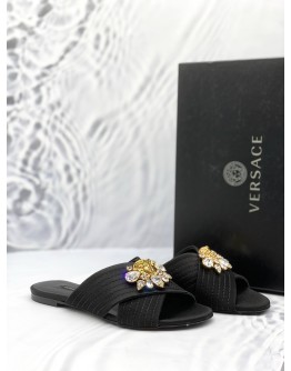 VERSACE CROSS STRAP BEJEWELED FLATS SIZE 36 IN BLACK -FULL SET-