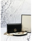 (LIKE NEW) GUCCI ICON GG INTERLOCKING WALLET ON CHAIN IN BLACK CALFSKIN LEATHER -FULL SET- 