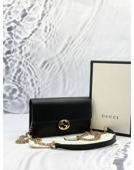 (LIKE NEW) GUCCI ICON GG INTERLOCKING WALLET ON CHAIN IN BLACK CALFSKIN LEATHER -FULL SET- 