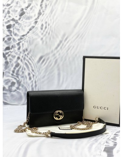(LIKE NEW) GUCCI ICON GG INTERLOCKING WALLET ON CHAIN IN BLACK CALFSKIN LEATHER -FULL SET- 