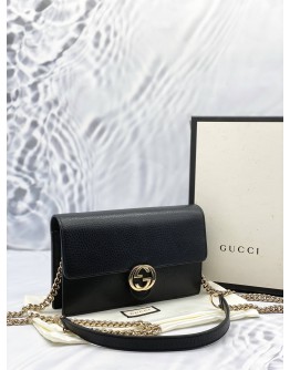 (LIKE NEW) GUCCI ICON GG INTERLOCKING WALLET ON CHAIN IN BLACK CALFSKIN LEATHER -FULL SET- 