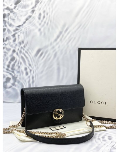(LIKE NEW) GUCCI ICON GG INTERLOCKING WALLET ON CHAIN IN BLACK CALFSKIN LEATHER -FULL SET- 