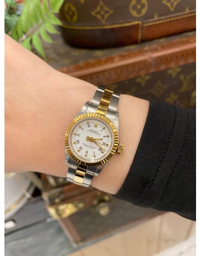 ROLEX OYSTER PERPETUAL 26 REF 67193 HALF 18K 750 YELLOW GOLD WHITE ROMAN NUMERALS DIAL 26MM AUTOMATIC WATCH -FULL SET-