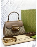 (LIKE NEW) GUCCI HORSEBIT 1995 GG CANVAS SMALL TOP HANDLE BAG WITH GOLD HARDWARE CHAIN