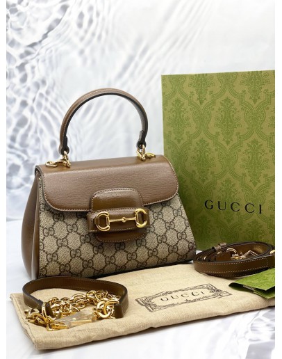 (LIKE NEW) GUCCI HORSEBIT 1995 GG CANVAS SMALL TOP HANDLE BAG WITH GOLD HARDWARE CHAIN