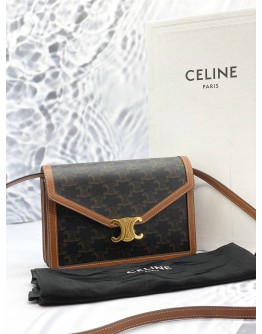 (LIKE NEW) CELINE ENVELOPE CROSSBODY BAG IN DARK BROWN TRIOMPHE CANVAS AND BROWN CALFSKIN LEATHER