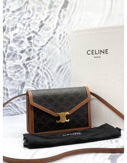 (LIKE NEW) CELINE ENVELOPE CROSSBODY BAG IN DARK BROWN TRIOMPHE CANVAS AND BROWN CALFSKIN LEATHER