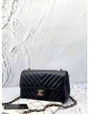 (LIKE NEW) CHANEL CHEVRON BLACK LAMBSKIN LEATHER MINI RETANGULAR GOLD HARDWARE CHAIN FLAP BAG