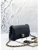 (LIKE NEW) CHANEL CHEVRON BLACK LAMBSKIN LEATHER MINI RETANGULAR GOLD HARDWARE CHAIN FLAP BAG