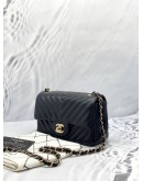 (LIKE NEW) CHANEL CHEVRON BLACK LAMBSKIN LEATHER MINI RETANGULAR GOLD HARDWARE CHAIN FLAP BAG