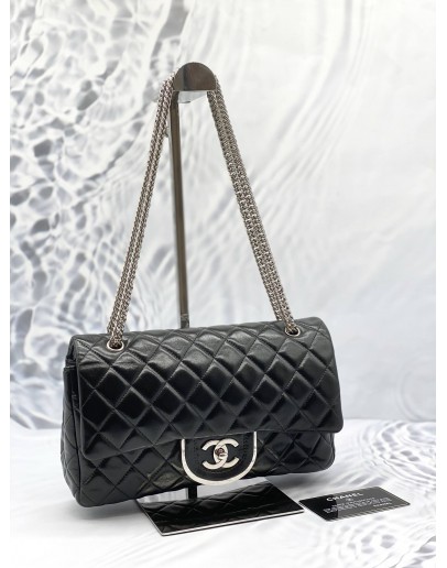 (LIKE NEW) CHANEL MEDIUM DOUBLE FLAP BAG IN BLACK LAMBSKIN LEATHER 