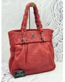 CHANEL LADY BRAID TOTE BAG IN CORAL RED AGED CALFSKIN LEATHER