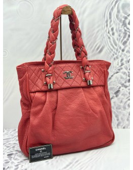CHANEL LADY BRAID TOTE BAG IN CORAL RED AGED CALFSKIN LEATHER