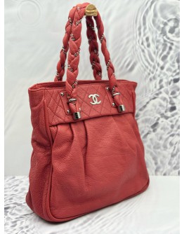 CHANEL LADY BRAID TOTE BAG IN CORAL RED AGED CALFSKIN LEATHER