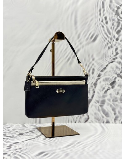 COACH POP POUCH AND SHOULDER BAG IN DARK BLUE AND WHITE GRAINED CALFSKIN LEATHER