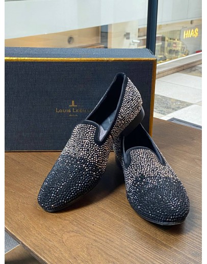 (LIKE NEW) LOUIS LEEMAN LOAFERS SIZE 43 IN BLACK CRYSTAL AND SUEDE LEATHER