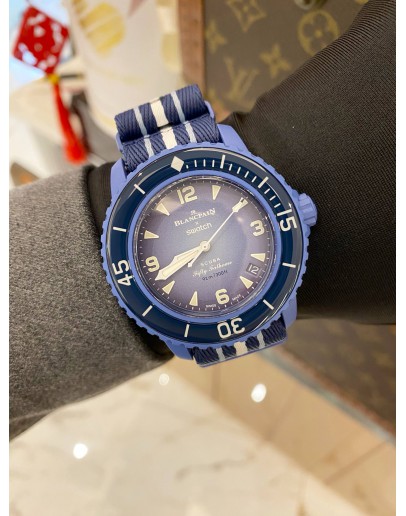 (BRAND NEW) 2024 SWATCH x BLANCPAIN SCUBA FIFTY FATHOMS ATLANTIC OCEAN REF SO35A100 PURPLE DIAL 42.3MM AUTOMATIC WATCH -FULL SET-
