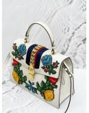 GUCCI SYLVIE FLORAL EMBROIDERED CALFSKIN LEATHER TOP HANDLE BAG