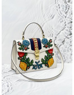 GUCCI SYLVIE FLORAL EMBROIDERED CALFSKIN LEATHER TOP HANDLE BAG
