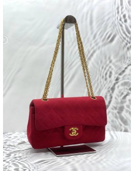CHANEL SMALL CLASSIC DOUBLE FLAP SHOULDER BAG IN RED JERSEY
