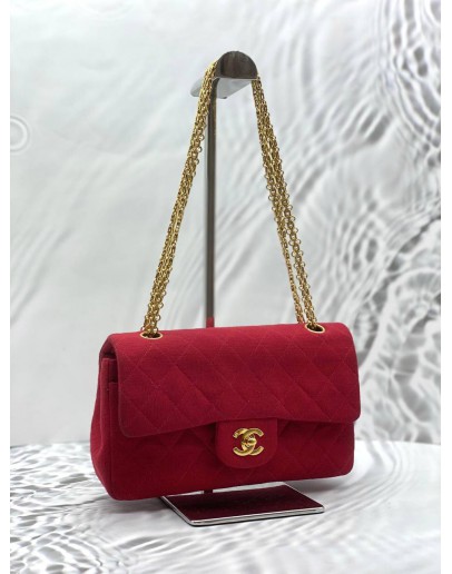 CHANEL SMALL CLASSIC DOUBLE FLAP SHOULDER BAG IN RED JERSEY