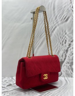 CHANEL SMALL CLASSIC DOUBLE FLAP SHOULDER BAG IN RED JERSEY