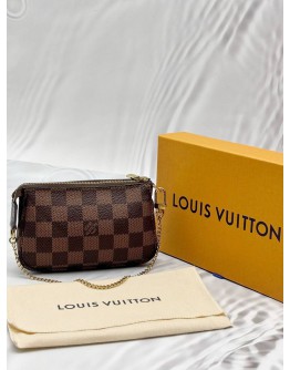 LOUIS VUITTON MINI POCHETTE ACCESSOIRES IN BROWN DAMIER EBENE CANVAS -FULL SET-