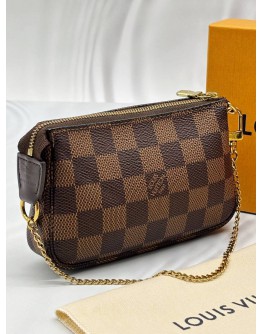 LOUIS VUITTON MINI POCHETTE ACCESSOIRES IN BROWN DAMIER EBENE CANVAS -FULL SET-