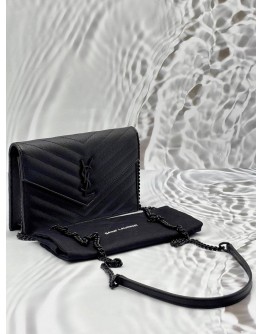 YSL SAINT LAURENT CASSANDRE CHAIN WALLET IN BLACK GRAIN DE POUDRE LEATHER