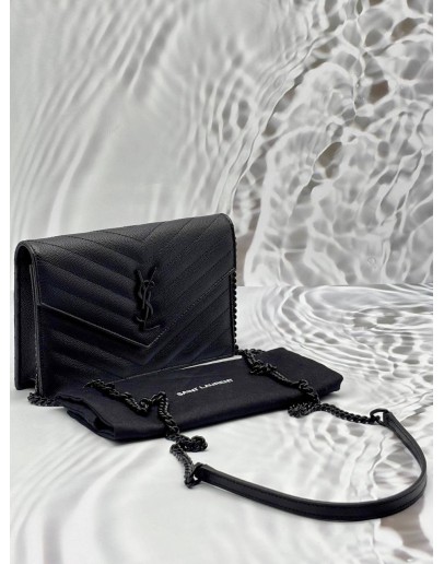 YSL SAINT LAURENT CASSANDRE CHAIN WALLET IN BLACK GRAIN DE POUDRE LEATHER