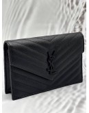 YSL SAINT LAURENT CASSANDRE CHAIN WALLET IN BLACK GRAIN DE POUDRE LEATHER