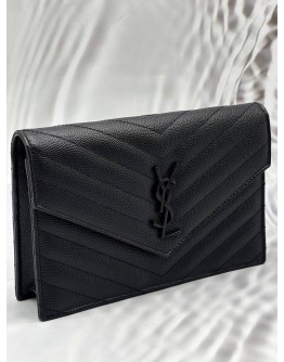 YSL SAINT LAURENT CASSANDRE CHAIN WALLET IN BLACK GRAIN DE POUDRE LEATHER