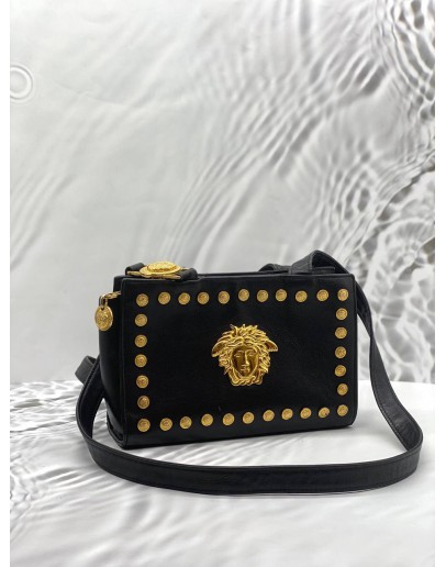 GIANNI VERSACE MEDUSA STUDDED SHOULDER BAG IN BLACK LEATHER