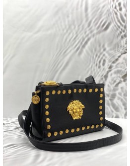 GIANNI VERSACE MEDUSA STUDDED SHOULDER BAG IN BLACK LEATHER
