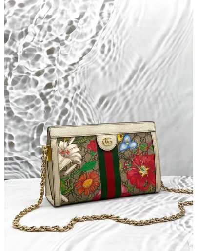 GUCCI OPHIDIA FLORA SMALL CHAIN BAG IN MULTICOLOR GG SUPREME CANVAS WITH LEATHER