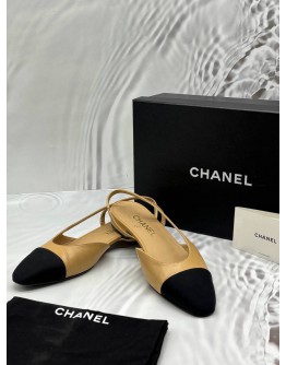 CHANEL SLINGBACK FLATS SIZE 39 IN BEIGE WITH BLACK -FULL SET-